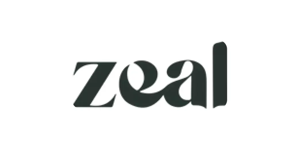 Zeal logo in off black block font